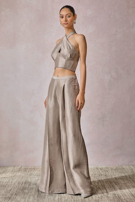 Shop_Tarun Tahiliani_Silver Tulle, Silk Diamonds Border Embellished Corset And Flared Trouser Set _Online_at_Aza_Fashions