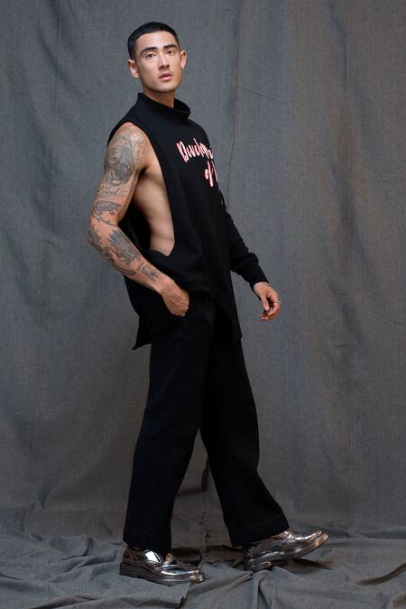 Shop Vikram Bajaj Black Cotton Knit Printed Placement Asymmetric One Sleeve Sweatshirt at Aza Fashions Shop_Vikram Bajaj_Black Cotton Knit Printed Placement Asymmetric One Sleeve Sweatshirt_at_Aza_Fashions