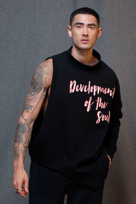Buy Vikram Bajaj Black Cotton Knit Printed Placement Asymmetric One Sleeve Sweatshirt Online at Aza Fashions Buy_Vikram Bajaj_Black Cotton Knit Printed Placement Asymmetric One Sleeve Sweatshirt_Online_at_Aza_Fashions