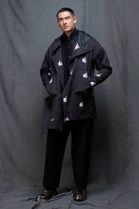 Vikram Bajaj Black Crepe Printed Geometric Asymmetric Hoodie Jacket 