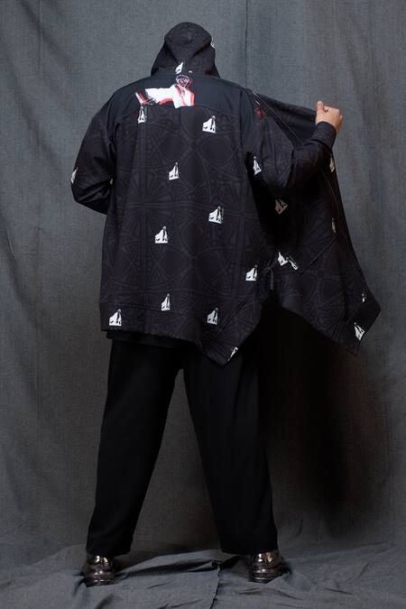Shop Vikram Bajaj Black Crepe Printed Geometric Asymmetric Hoodie Jacket at Aza Fashions Shop_Vikram Bajaj_Black Crepe Printed Geometric Asymmetric Hoodie Jacket_at_Aza_Fashions