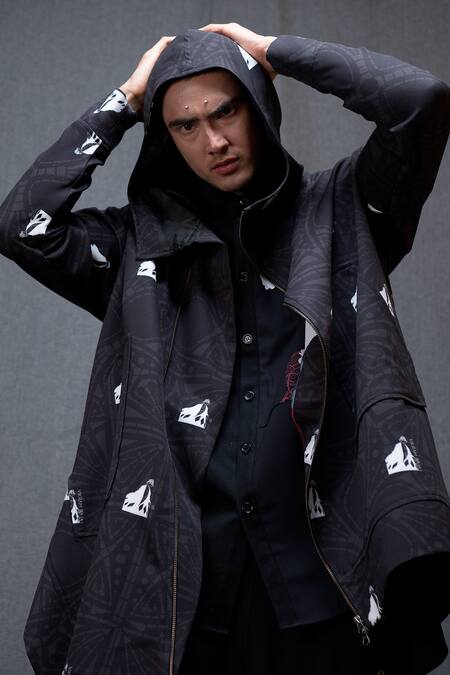 Vikram Bajaj Black Crepe Printed Geometric Asymmetric Hoodie Jacket Online at Aza Fashions Vikram Bajaj_Black Crepe Printed Geometric Asymmetric Hoodie Jacket_Online_at_Aza_Fashions