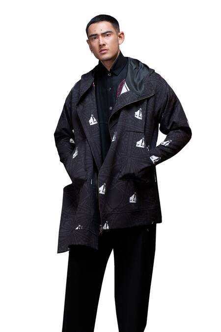 Buy Vikram Bajaj Black Crepe Printed Geometric Asymmetric Hoodie Jacket Online at Aza Fashions Buy_Vikram Bajaj_Black Crepe Printed Geometric Asymmetric Hoodie Jacket_Online_at_Aza_Fashions