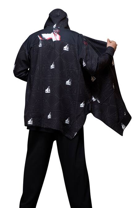 Shop Vikram Bajaj Black Crepe Printed Geometric Asymmetric Hoodie Jacket Online at Aza Fashions Shop_Vikram Bajaj_Black Crepe Printed Geometric Asymmetric Hoodie Jacket_Online_at_Aza_Fashions