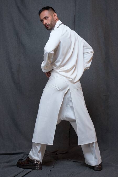 Shop_Vikram Bajaj_Ivory Crepe Solid Panelled Extra Long Sleeves_at_Aza_Fashions