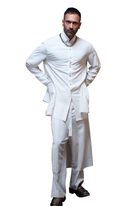 Vikram Bajaj_Ivory Crepe Solid Panelled Extra Long Sleeves_Online_at_Aza_Fashions