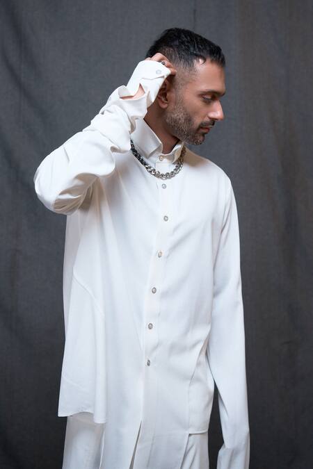 Buy_Vikram Bajaj_Ivory Crepe Solid Panelled Extra Long Sleeves_Online_at_Aza_Fashions