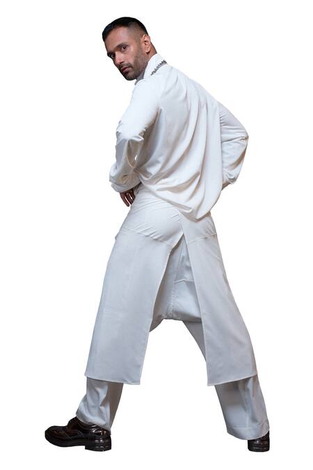 Shop_Vikram Bajaj_Ivory Crepe Solid Panelled Extra Long Sleeves_Online_at_Aza_Fashions