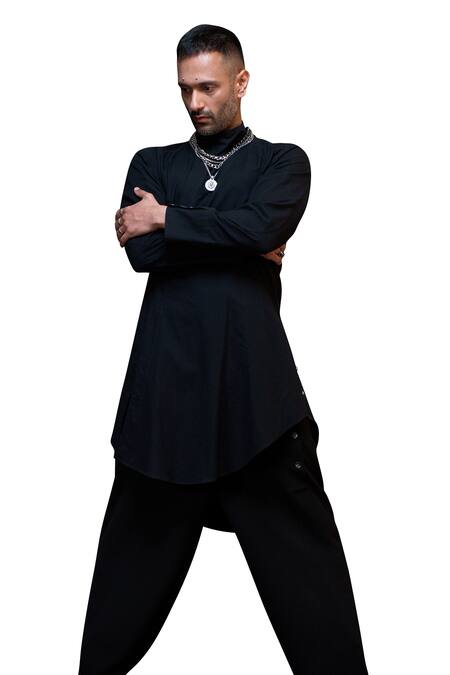 Vikram Bajaj_Black Cotton Asymmetric Solid Kurta_Online_at_Aza_Fashions