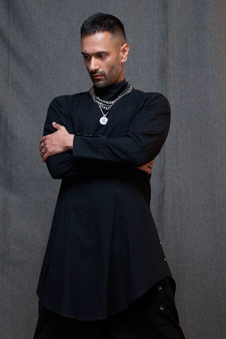 Buy_Vikram Bajaj_Black Cotton Asymmetric Solid Kurta_Online_at_Aza_Fashions