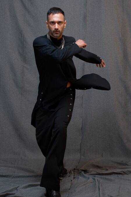 Shop_Vikram Bajaj_Black Cotton Asymmetric Solid Kurta_Online_at_Aza_Fashions