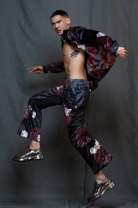 Shop_Vikram Bajaj_Black Silk Velvet Printed Mandal Floral Bomber Jacket And Pant Set_Online_at_Aza_Fashions