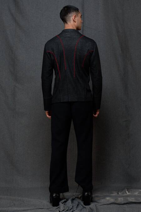 Shop Vikram Bajaj Black Cotton Knit Hand Stitched Thread High Neck Detailed Jacket at Aza Fashions Shop_Vikram Bajaj_Black Cotton Knit Hand Stitched Thread High Neck Detailed Jacket_at_Aza_Fashions