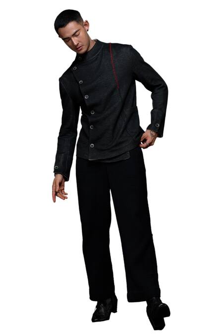 Vikram Bajaj Black Cotton Knit Hand Stitched Thread High Neck Detailed Jacket Online at Aza Fashions Vikram Bajaj_Black Cotton Knit Hand Stitched Thread High Neck Detailed Jacket_Online_at_Aza_Fashions