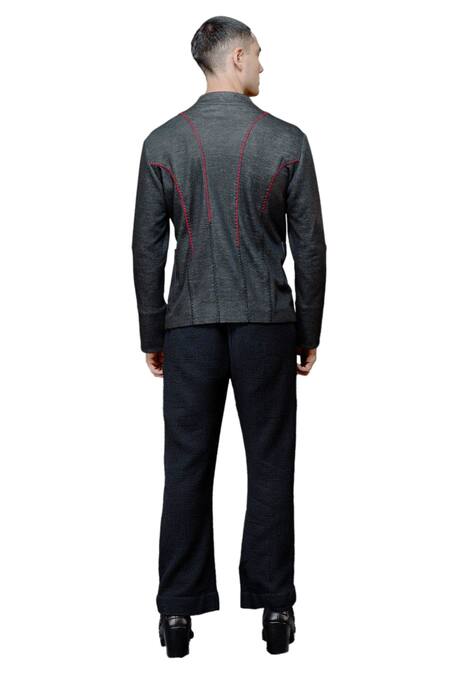 Buy Vikram Bajaj Black Cotton Knit Hand Stitched Thread High Neck Detailed Jacket Online at Aza Fashions Buy_Vikram Bajaj_Black Cotton Knit Hand Stitched Thread High Neck Detailed Jacket_Online_at_Aza_Fashions