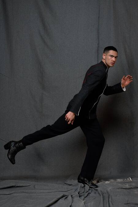 Shop Vikram Bajaj Black Cotton Knit Hand Stitched Thread High Neck Detailed Jacket Online at Aza Fashions Shop_Vikram Bajaj_Black Cotton Knit Hand Stitched Thread High Neck Detailed Jacket_Online_at_Aza_Fashions