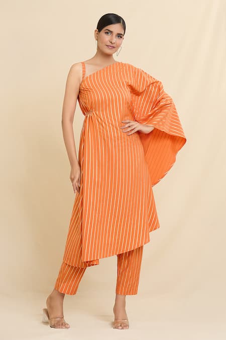 Adara Khan Orange Crepe Stripe Asymmetric Pattern Kurta And Trouser Set