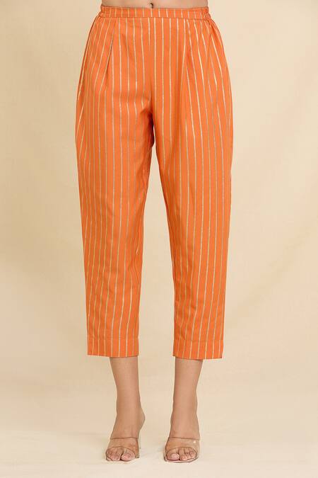 Buy Naintara Bajaj Orange Crepe Asymmetric Stripe Pattern Kurta And Trouser Set Online at Aza Fashions Buy_Naintara Bajaj_Orange Crepe Asymmetric Stripe Pattern Kurta And Trouser Set_Online_at_Aza_Fashions