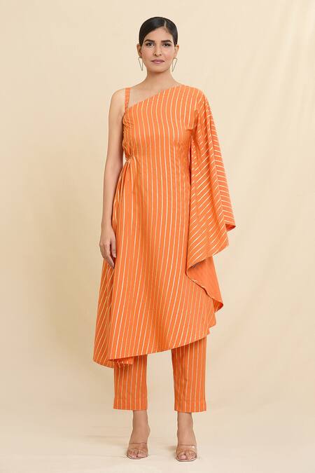 Buy Naintara Bajaj Orange Crepe Asymmetric Stripe Pattern Kurta And Trouser Set Buy_Naintara Bajaj_Orange Crepe Asymmetric Stripe Pattern Kurta And Trouser Set