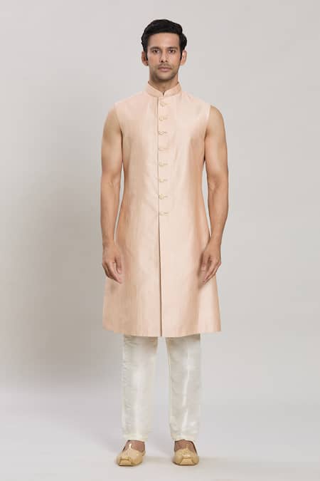 Arihant Rai Sinha_Beige Silk, Faux Leather Sequins, Diamonds Embroidered Sherwani Set _Online_at_Aza_Fashions