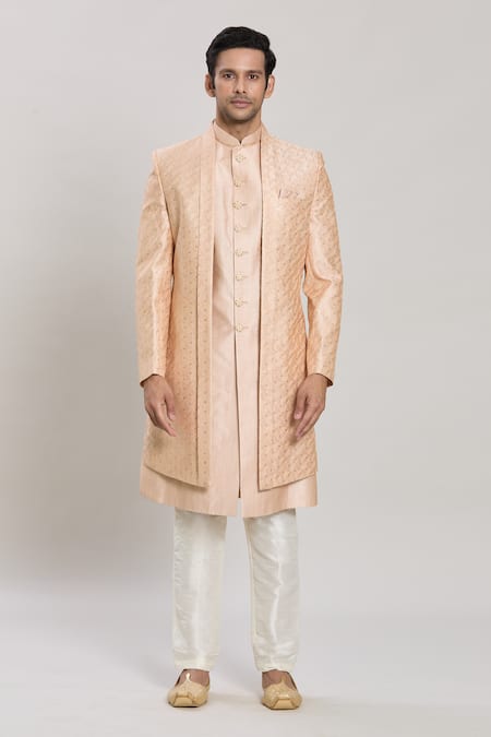 Buy_Arihant Rai Sinha_Beige Silk, Faux Leather Sequins, Diamonds Embroidered Sherwani Set _Online_at_Aza_Fashions