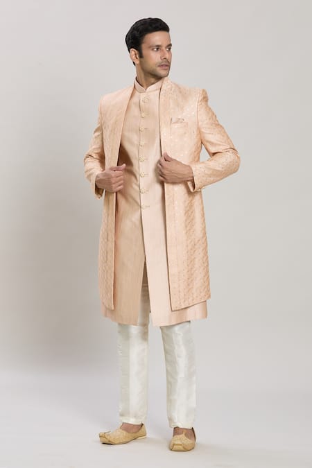 Shop_Arihant Rai Sinha_Beige Silk, Faux Leather Sequins, Diamonds Embroidered Sherwani Set _Online_at_Aza_Fashions