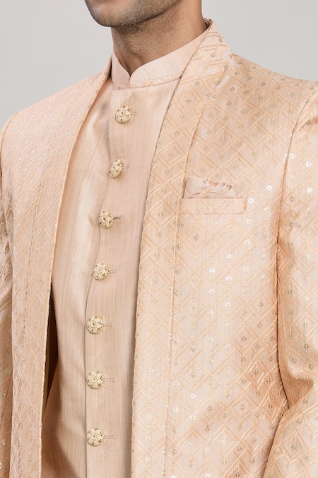 Arihant Rai Sinha_Beige Silk, Faux Leather Sequins, Diamonds Embroidered Sherwani Set _at_Aza_Fashions