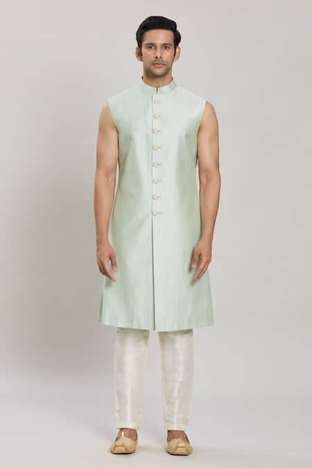 Buy_Arihant Rai Sinha_Green Silk, Satin Sequins, Embroidery Sherwani Aligadhi Pant Set _Online_at_Aza_Fashions