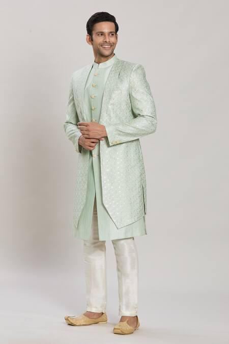 Shop_Arihant Rai Sinha_Green Silk, Satin Sequins, Embroidery Sherwani Aligadhi Pant Set _Online_at_Aza_Fashions