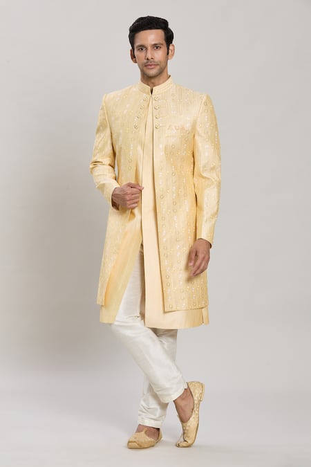 Arihant Rai Sinha Yellow Art Silk Embroidery Floral Motif Pattern Sherwani Set 