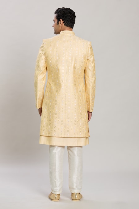 Shop_Arihant Rai Sinha_Yellow Silk Sequins, Embroidery Floral Motif Pattern Sherwani Set _at_Aza_Fashions