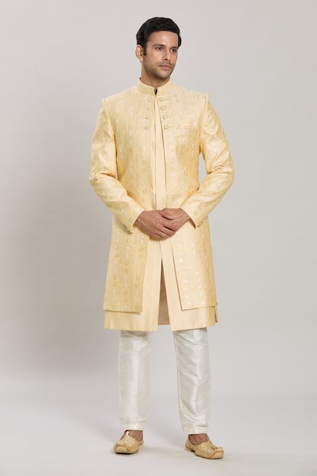 Arihant Rai Sinha_Yellow Silk Sequins, Embroidery Floral Motif Pattern Sherwani Set _Online_at_Aza_Fashions