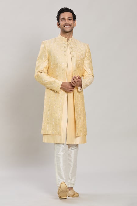 Buy_Arihant Rai Sinha_Yellow Silk Sequins, Embroidery Floral Motif Pattern Sherwani Set _Online_at_Aza_Fashions