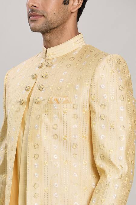 Shop_Arihant Rai Sinha_Yellow Silk Sequins, Embroidery Floral Motif Pattern Sherwani Set _Online_at_Aza_Fashions