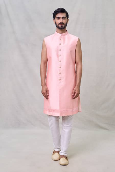 Arihant Rai Sinha_Pink Silk, Faux Leather, Cotton Embroidery, Sequins Flower Butti Sherwani Set _Online_at_Aza_Fashions