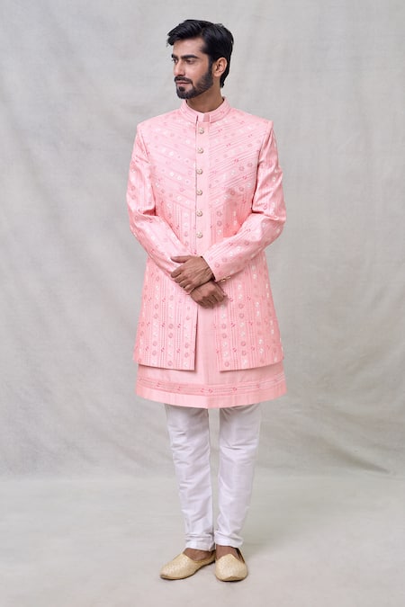Buy_Arihant Rai Sinha_Pink Silk, Faux Leather, Cotton Embroidery, Sequins Flower Butti Sherwani Set _Online_at_Aza_Fashions