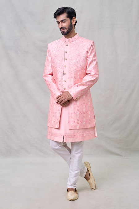 Shop_Arihant Rai Sinha_Pink Silk, Faux Leather, Cotton Embroidery, Sequins Flower Butti Sherwani Set _Online_at_Aza_Fashions