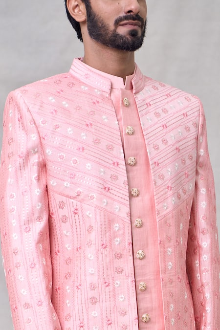 Arihant Rai Sinha_Pink Silk, Faux Leather, Cotton Embroidery, Sequins Flower Butti Sherwani Set _at_Aza_Fashions