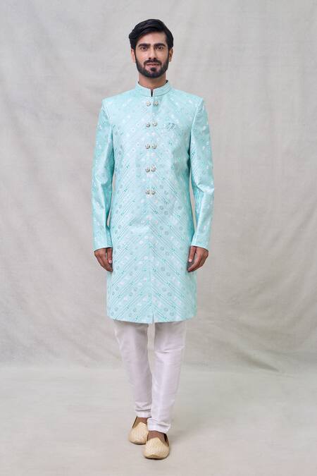 Arihant Rai Sinha_Green Denim, Faux Leather, Silk Embroidery Floral Sherwani With Aligadhi Pant _Online_at_Aza_Fashions