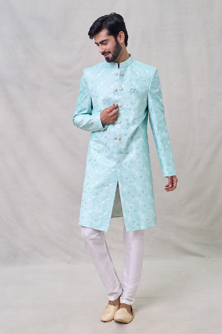 Buy_Arihant Rai Sinha_Green Denim, Faux Leather, Silk Embroidery Floral Sherwani With Aligadhi Pant _Online_at_Aza_Fashions