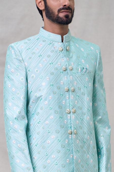 Shop_Arihant Rai Sinha_Green Denim, Faux Leather, Silk Embroidery Floral Sherwani With Aligadhi Pant _Online_at_Aza_Fashions