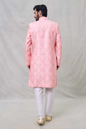 Shop Arihant Rai Sinha Pink Silk, Cotton Sequins, Embroidery Floral Butti Sherwani With Aligadhi Pant at Aza Fashions Shop_Arihant Rai Sinha_Pink Silk, Cotton Sequins, Embroidery Floral Butti Sherwani With Aligadhi Pant _at_Aza_Fashions