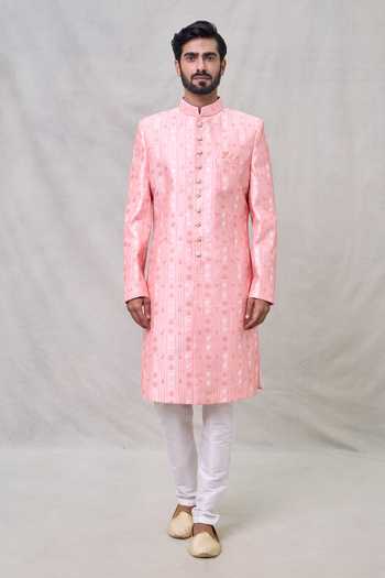 Arihant Rai Sinha Pink Silk, Cotton Sequins, Embroidery Floral Butti Sherwani With Aligadhi Pant Online at Aza Fashions Arihant Rai Sinha_Pink Silk, Cotton Sequins, Embroidery Floral Butti Sherwani With Aligadhi Pant _Online_at_Aza_Fashions