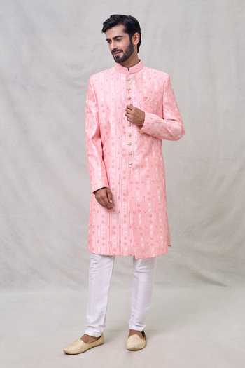 Buy Arihant Rai Sinha Pink Silk, Cotton Sequins, Embroidery Floral Butti Sherwani With Aligadhi Pant Online at Aza Fashions Buy_Arihant Rai Sinha_Pink Silk, Cotton Sequins, Embroidery Floral Butti Sherwani With Aligadhi Pant _Online_at_Aza_Fashions