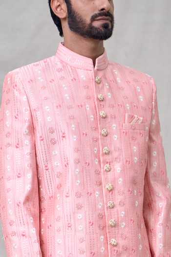 Shop Arihant Rai Sinha Pink Silk, Cotton Sequins, Embroidery Floral Butti Sherwani With Aligadhi Pant Online at Aza Fashions Shop_Arihant Rai Sinha_Pink Silk, Cotton Sequins, Embroidery Floral Butti Sherwani With Aligadhi Pant _Online_at_Aza_Fashions