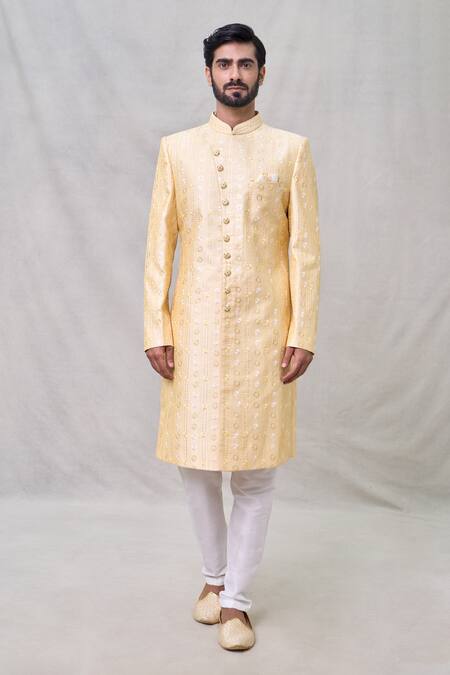 Arihant Rai Sinha_Yellow Silk Embroidery Flower Butti Sherwani With Aligadhi Pant _Online_at_Aza_Fashions