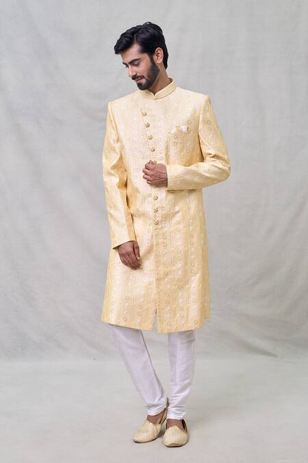 Buy_Arihant Rai Sinha_Yellow Silk Embroidery Flower Butti Sherwani With Aligadhi Pant _Online_at_Aza_Fashions