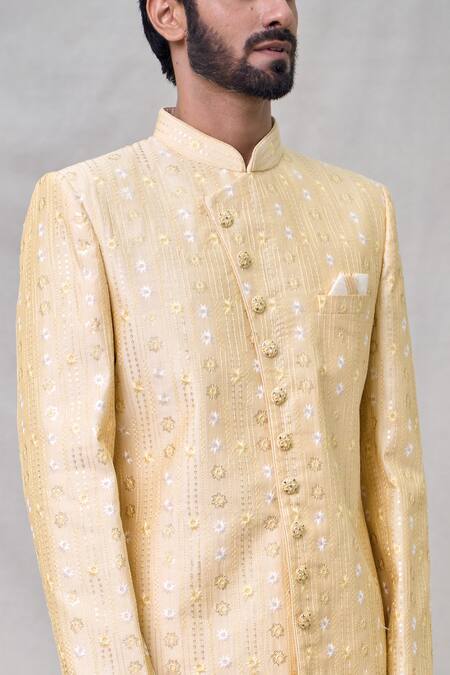 Shop_Arihant Rai Sinha_Yellow Silk Embroidery Flower Butti Sherwani With Aligadhi Pant _Online_at_Aza_Fashions