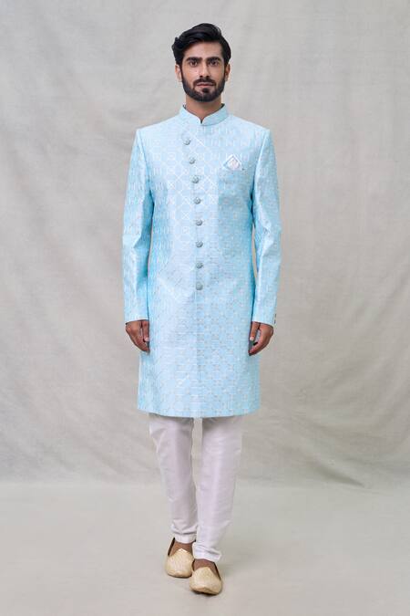 Arihant Rai Sinha_Blue , Satin Sequins Trellis Embroidered Sherwani With Aligadhi Pant _Online_at_Aza_Fashions