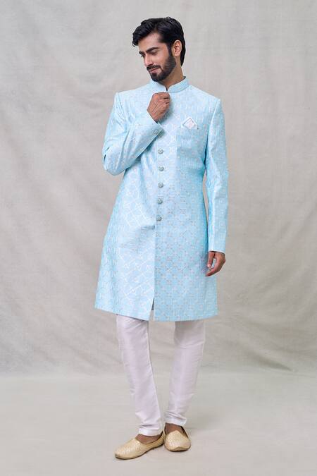Buy_Arihant Rai Sinha_Blue , Satin Sequins Trellis Embroidered Sherwani With Aligadhi Pant _Online_at_Aza_Fashions